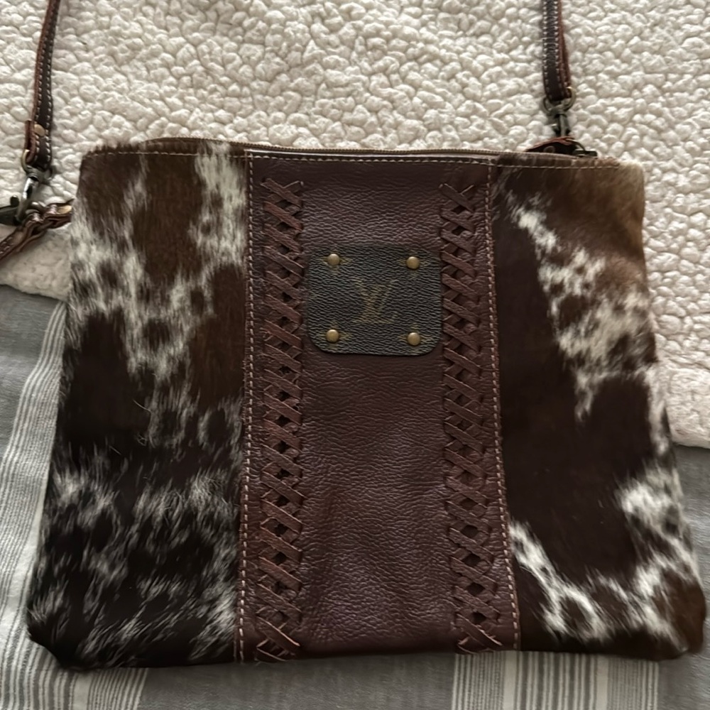 Myra upcycled bag with LV patch. NWOT.